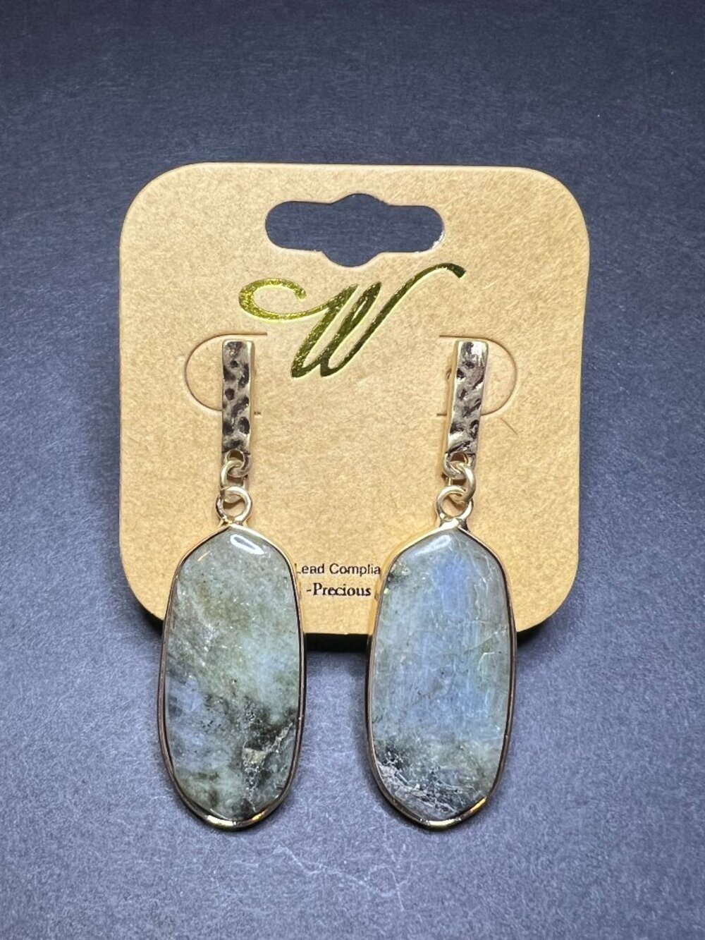 W Jewelry Gold Tone Oval Labradorite Semi Precious Stone Dangle Drop Earrings